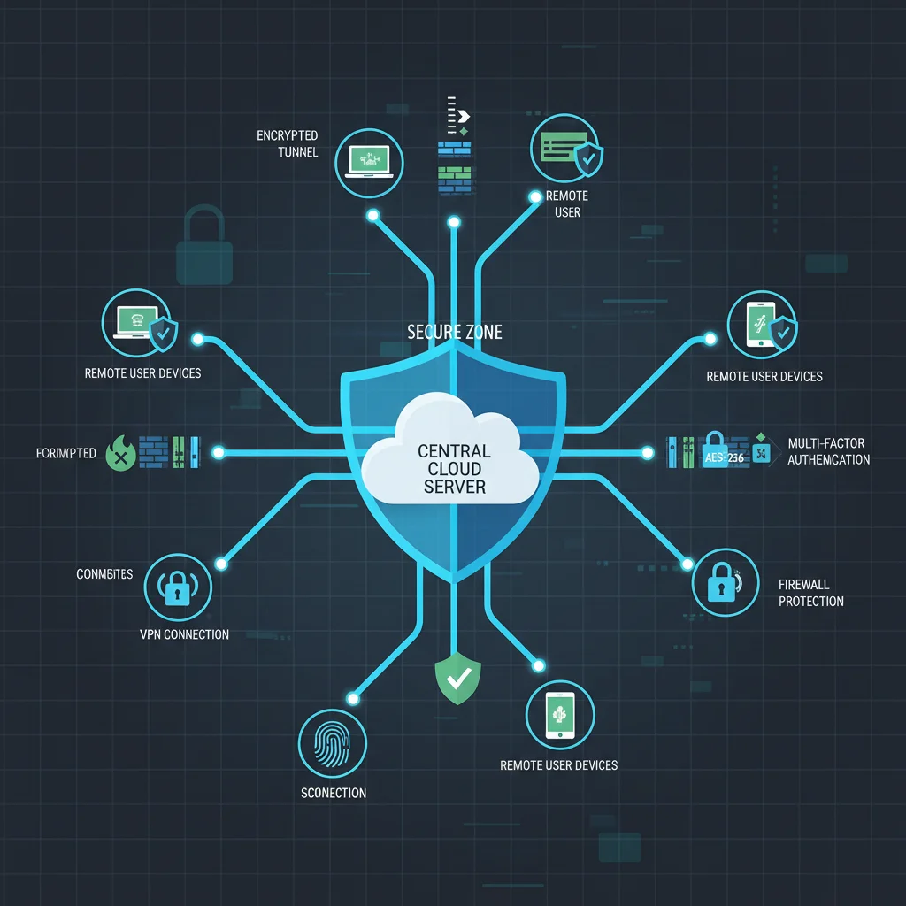 Secure data flow with cybersecurity measures in a remote work cloud environment.