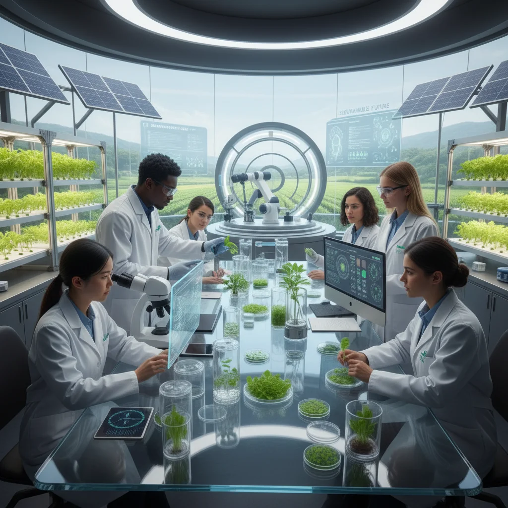 Scientists and engineers developing sustainable agriculture solutions in a lab