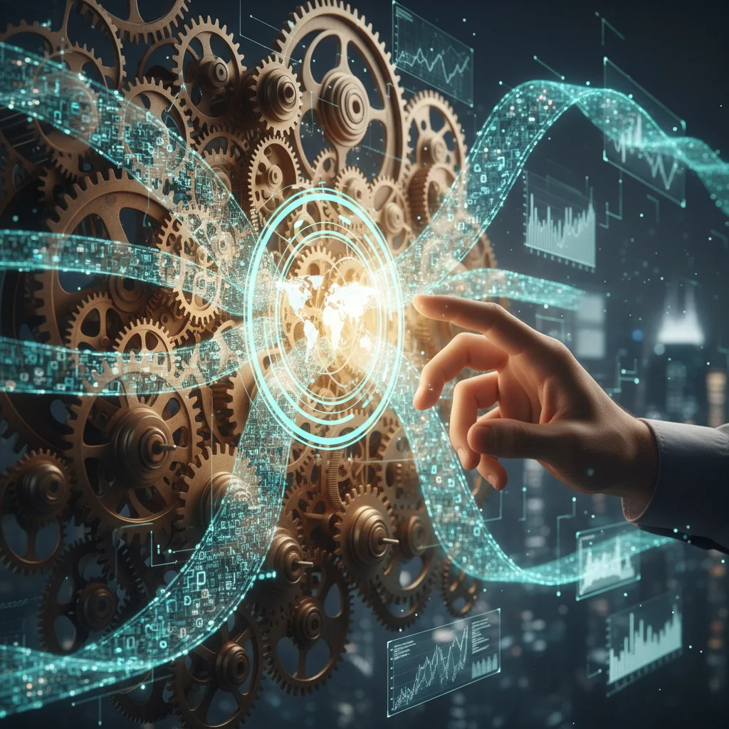 Interconnected gears and data representing automated economy