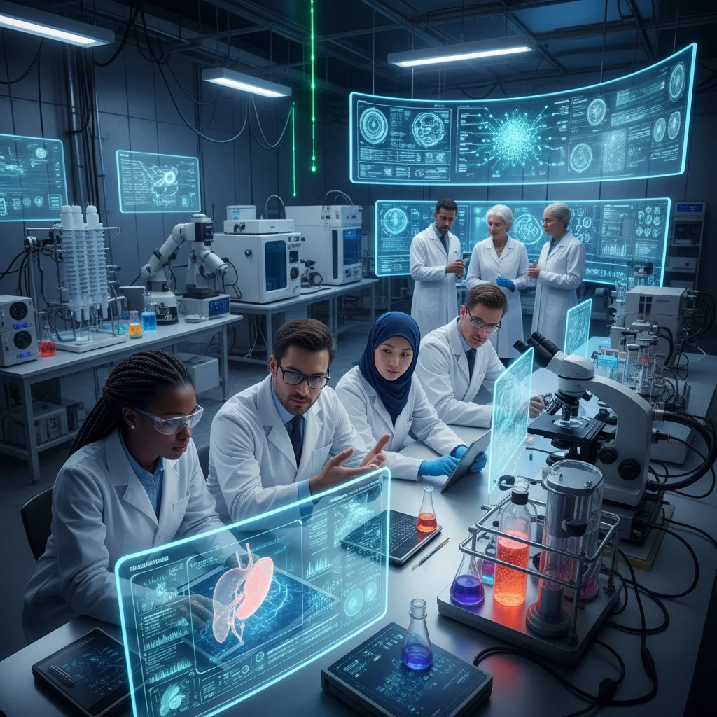 Researchers developing biotechnology and AI healthcare solutions in a modern lab.