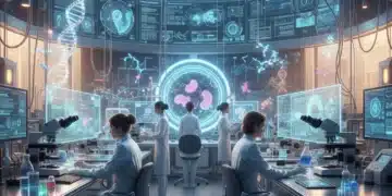 Scientists working in a high-tech biotechnology lab with advanced equipment.