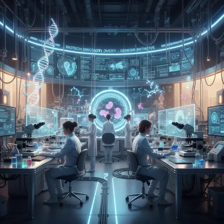 Scientists working in a high-tech biotechnology lab with advanced equipment.