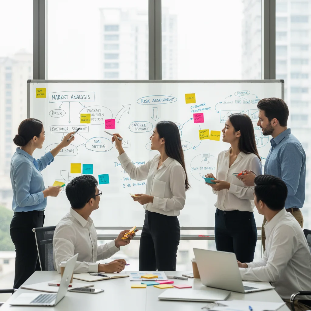 Professionals collaborating in a business simulation or strategic planning exercise