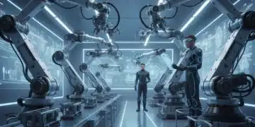 Robotic arms and human technicians collaborating in a modern factory