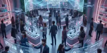 Futuristic retail experience with digital interaction and diverse shoppers, highlighting 2026 consumer trends.