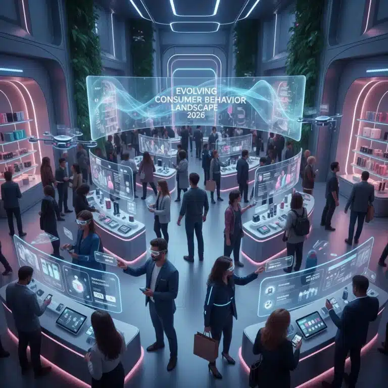 Futuristic retail experience with digital interaction and diverse shoppers, highlighting 2026 consumer trends.