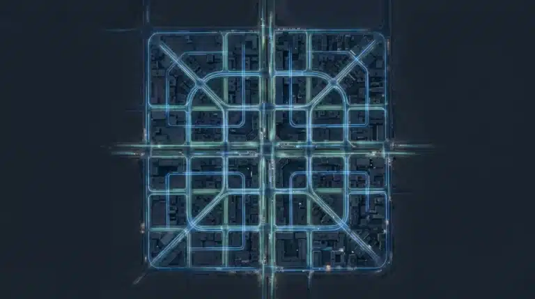 An aerial drone shot depicting a glowing, interconnected urban data network at dusk, symbolizing continuous industry insights and strategic market adaptation.