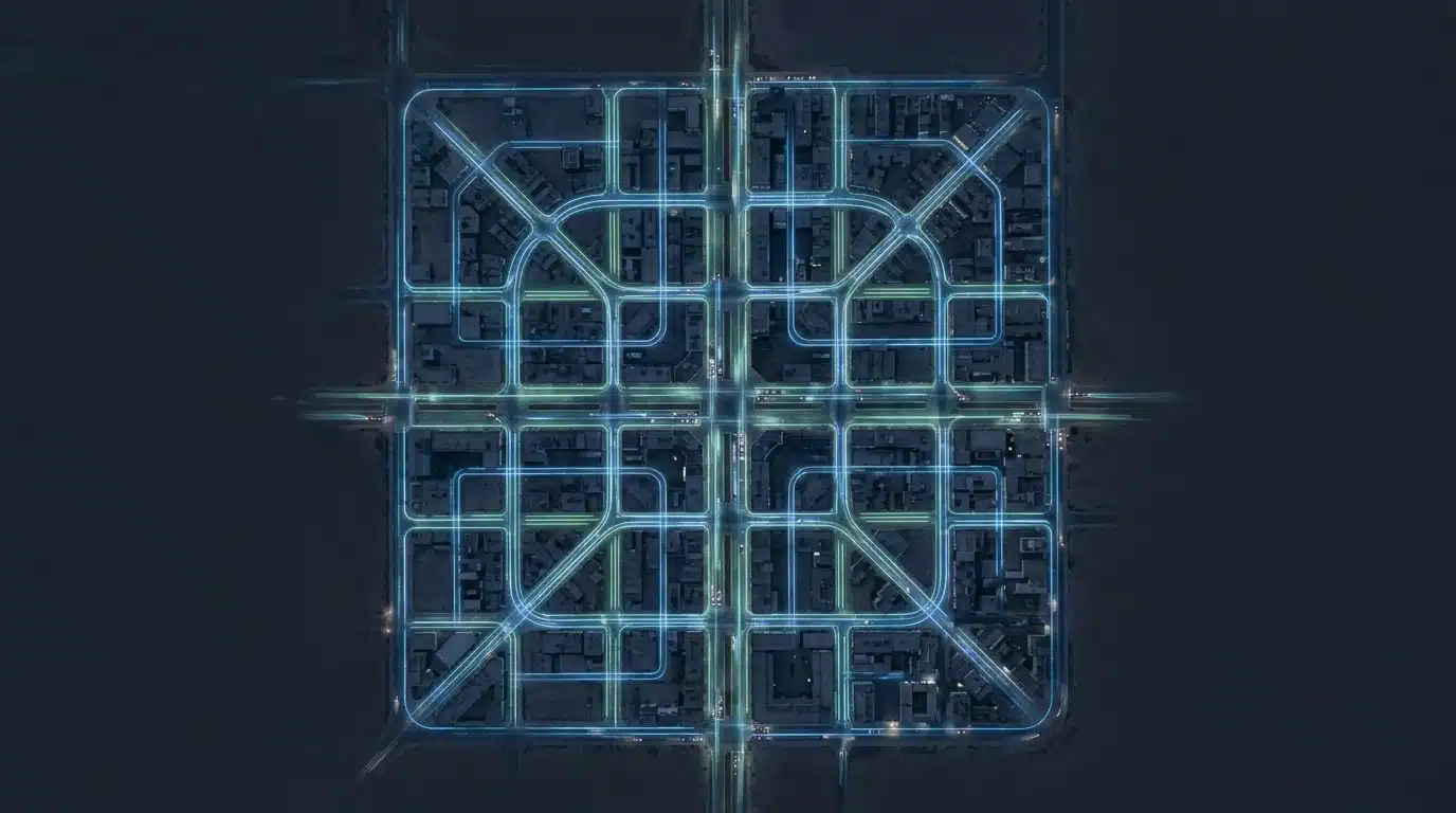 An aerial drone shot depicting a glowing, interconnected urban data network at dusk, symbolizing continuous industry insights and strategic market adaptation.