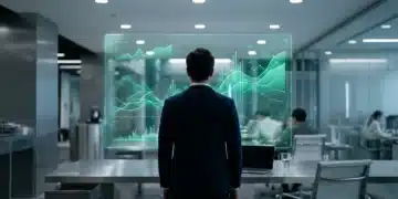 A person observing a large, holographic display with flowing green and teal data visualizations of market trends, emphasizing strategic analysis and business growth.