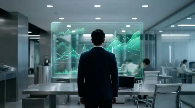 A person observing a large, holographic display with flowing green and teal data visualizations of market trends, emphasizing strategic analysis and business growth.