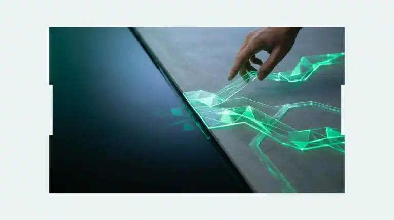 A conceptual image showing a dark, stagnant 'data lake' on one side and dynamic, flowing 'intelligence streams' of glowing green geometric light on the other, with a hand guiding the flow. Represents the shift from static data to active, predictive intelligence in industry insights.