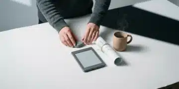Kickstarting Your Journey: A Beginner's Playbook for Leveraging Growth Resources Person's hands arranging minimalist objects like an e-reader, river stone, rolled blueprint, and ceramic mug on a white desk, symbolizing growth resources and learning tools.