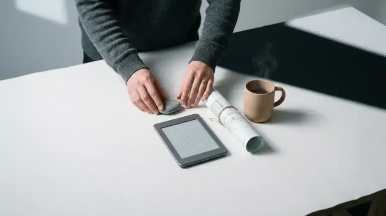 Person's hands arranging minimalist objects like an e-reader, river stone, rolled blueprint, and ceramic mug on a white desk, symbolizing growth resources and learning tools.