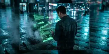 A person viewing a dynamic green holographic data projection on a wet urban street at night, symbolizing real-time market insights and adaptive learning in a fast-paced environment.