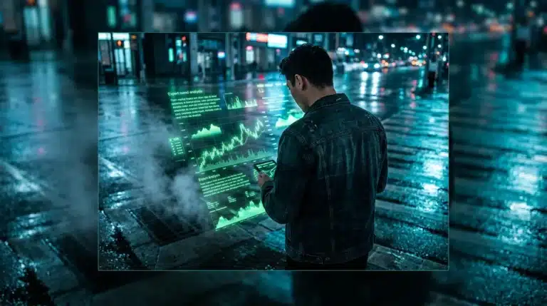 A person viewing a dynamic green holographic data projection on a wet urban street at night, symbolizing real-time market insights and adaptive learning in a fast-paced environment.