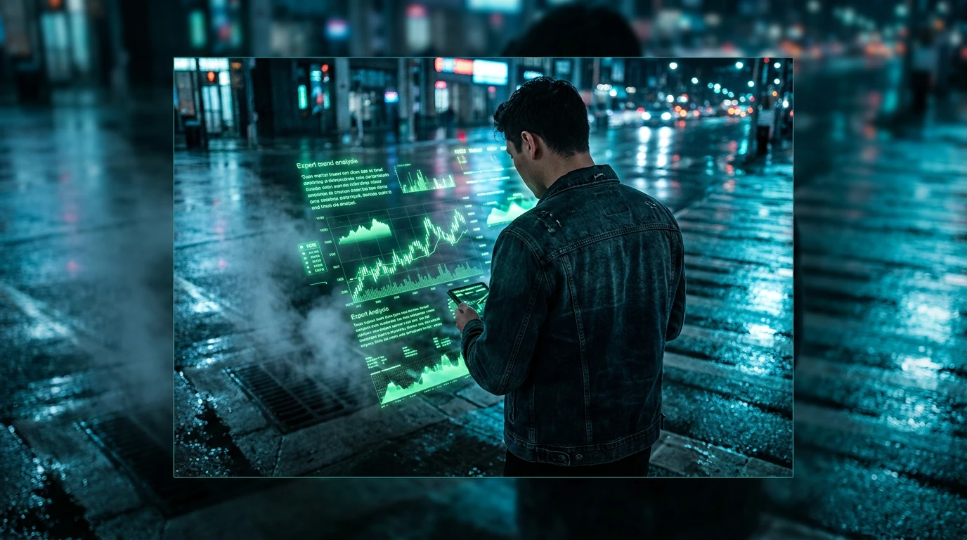 A person viewing a dynamic green holographic data projection on a wet urban street at night, symbolizing real-time market insights and adaptive learning in a fast-paced environment.