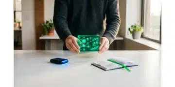A person placing a glowing emerald-green 3D data visualization model on a white desk, surrounded by a sleek market intelligence device and an open book, symbolizing diverse growth resources for business strategy.