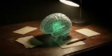 Detailed 3D model of a human brain, glowing emerald-green, on a dark mahogany desk with vintage index cards, under dramatic single-source lighting, symbolizing cognitive science and effective learning.