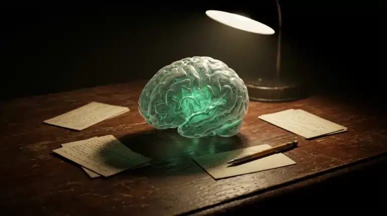 Detailed 3D model of a human brain, glowing emerald-green, on a dark mahogany desk with vintage index cards, under dramatic single-source lighting, symbolizing cognitive science and effective learning.