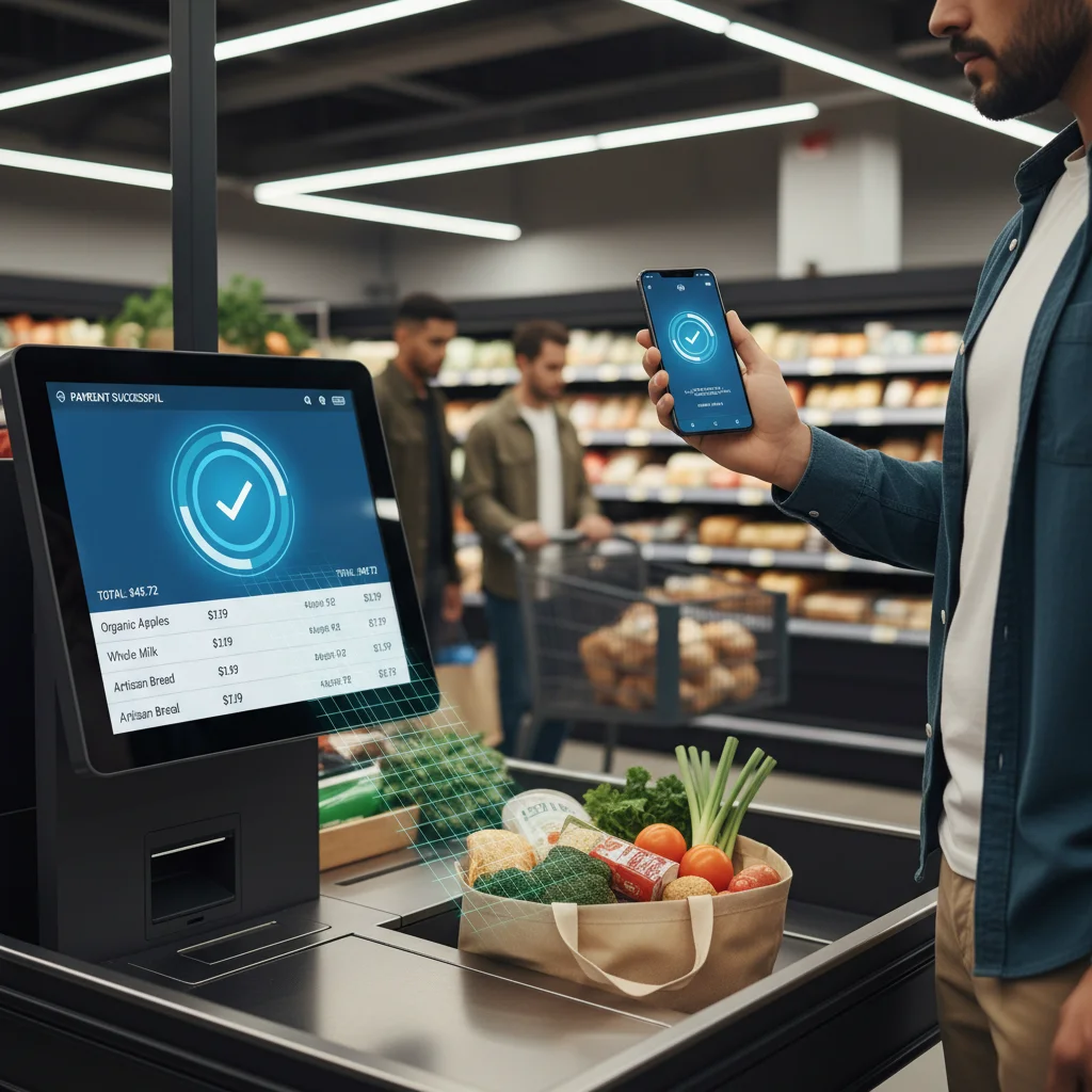 Mobile payment at self-checkout, illustrating digital retail convenience