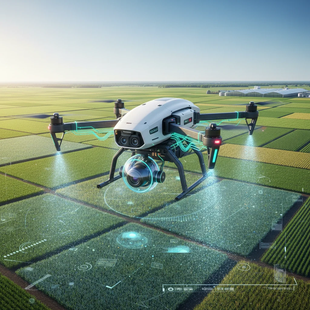 Agricultural drone surveying crops for precision farming applications.
