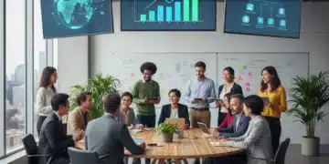 Diverse professionals collaborating on growth strategies in a modern office