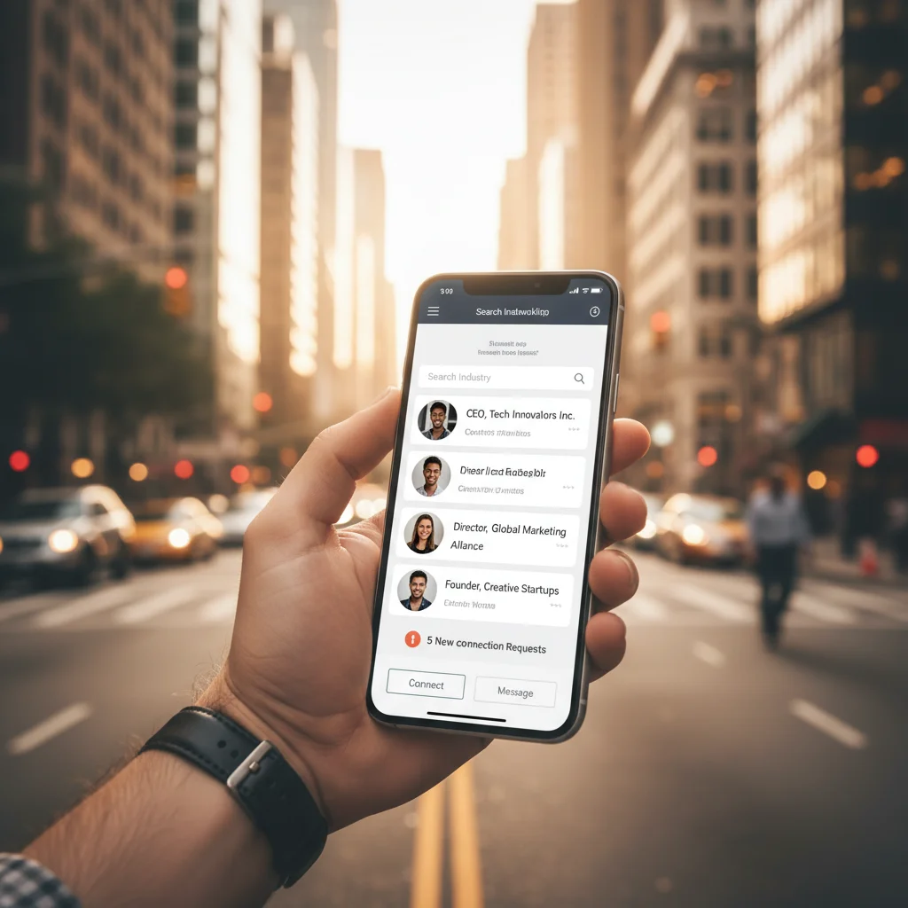 Professional networking app on smartphone, connecting with industry leaders.