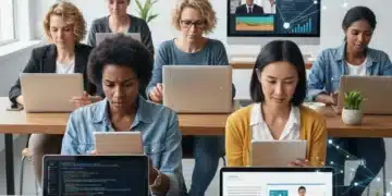 Professionals learning online on various devices, representing modern skill development