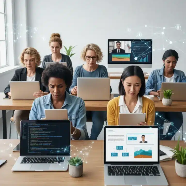 Professionals learning online on various devices, representing modern skill development
