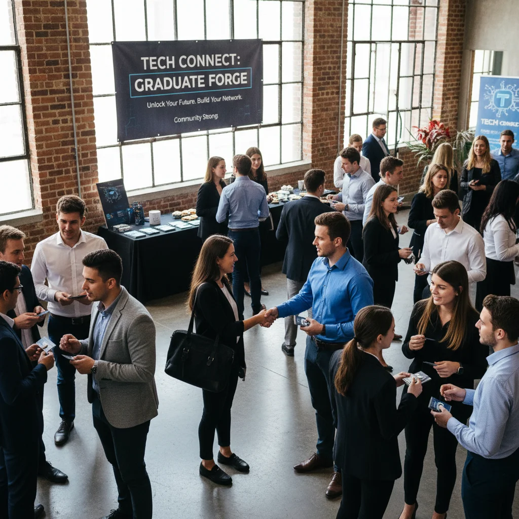 Tech bootcamp graduates networking at a career event
