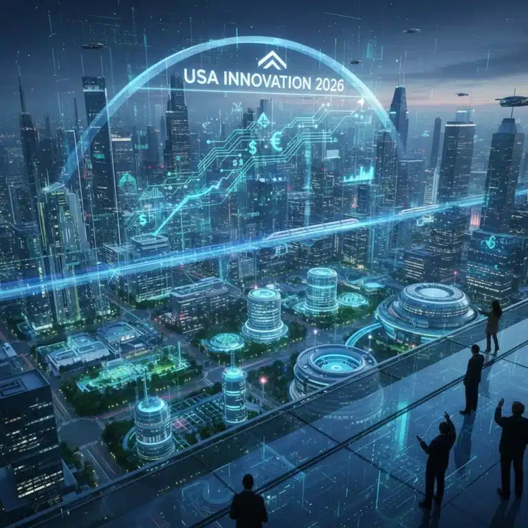 Futuristic cityscape symbolizing U.S. economic growth and investment opportunities in 2026.