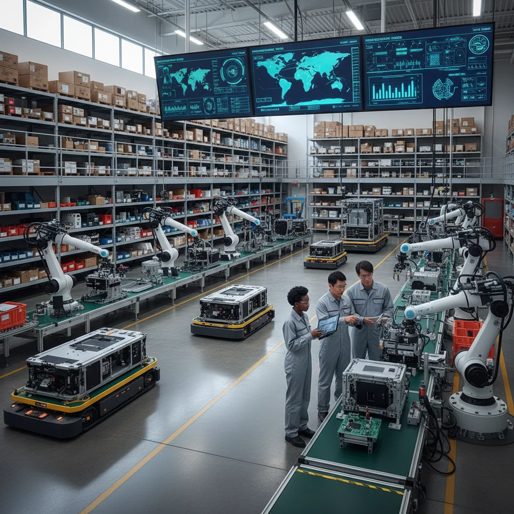 Advanced U.S. manufacturing facility with robotics and real-time data monitoring for optimized inventory and production.
