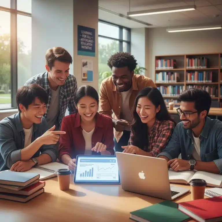 Students learning affordably with digital resources in a modern library