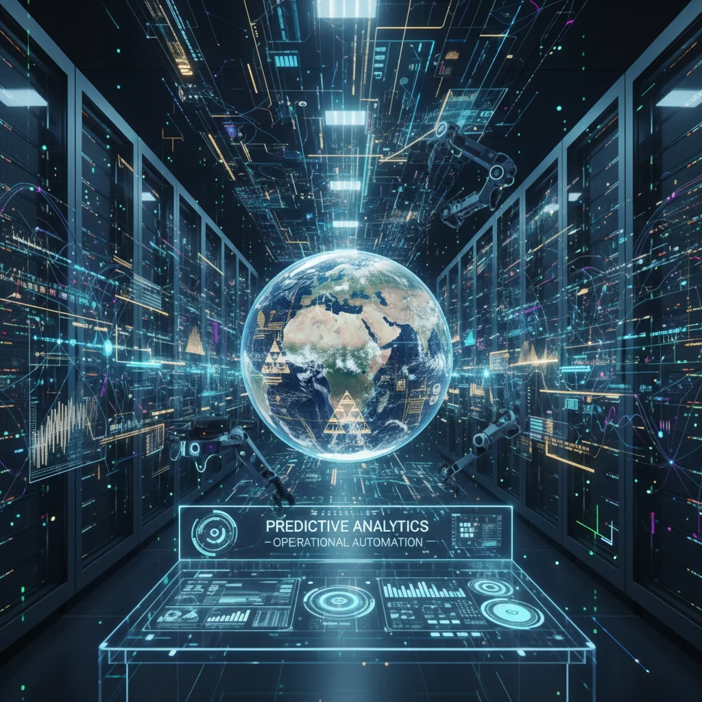 AI and machine learning algorithms processing large datasets for predictive analytics.