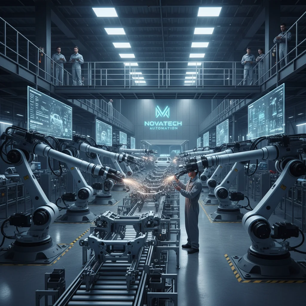Robotic arms on an automated factory assembly line with human oversight