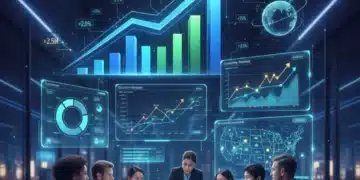 Graph showing revenue growth with data analytics dashboards and collaborating business professionals.