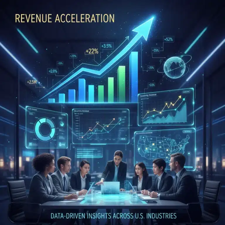 Graph showing revenue growth with data analytics dashboards and collaborating business professionals.