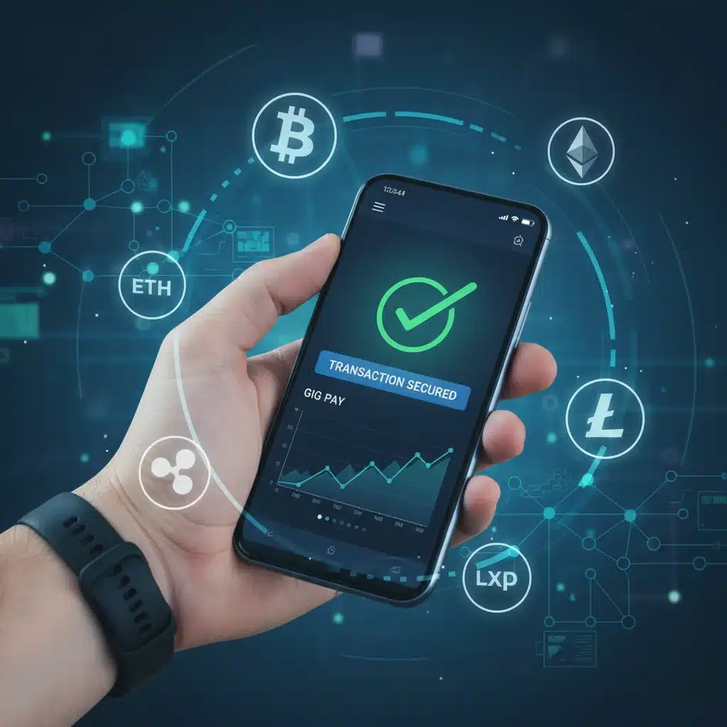 Hand holding smartphone with secure payment app and digital currency icons, representing fintech in gig economy.