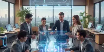 Professionals collaborating in a modern office with digital projections, symbolizing future workforce skills.