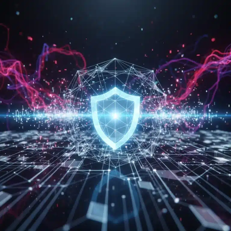 Futuristic digital shield protecting a secure network from cyber threats in 2026.
