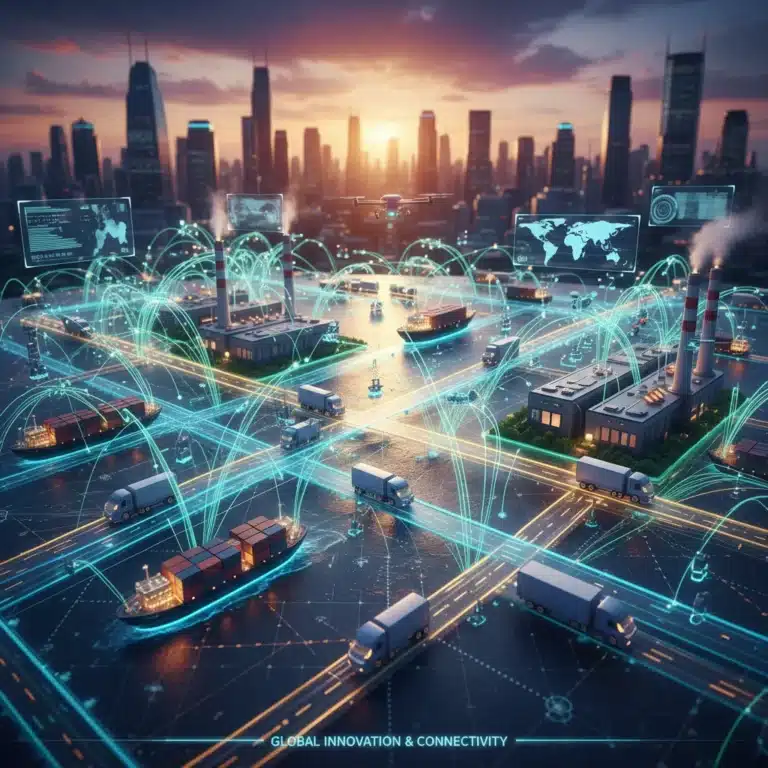 Global supply chain network with interconnected logistics and technological integration