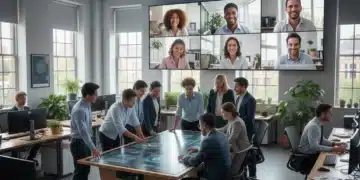 Hybrid Work 2026: Adoption, Productivity, and Sector Insights Professionals collaborating in a modern hybrid office environment with integrated technology.