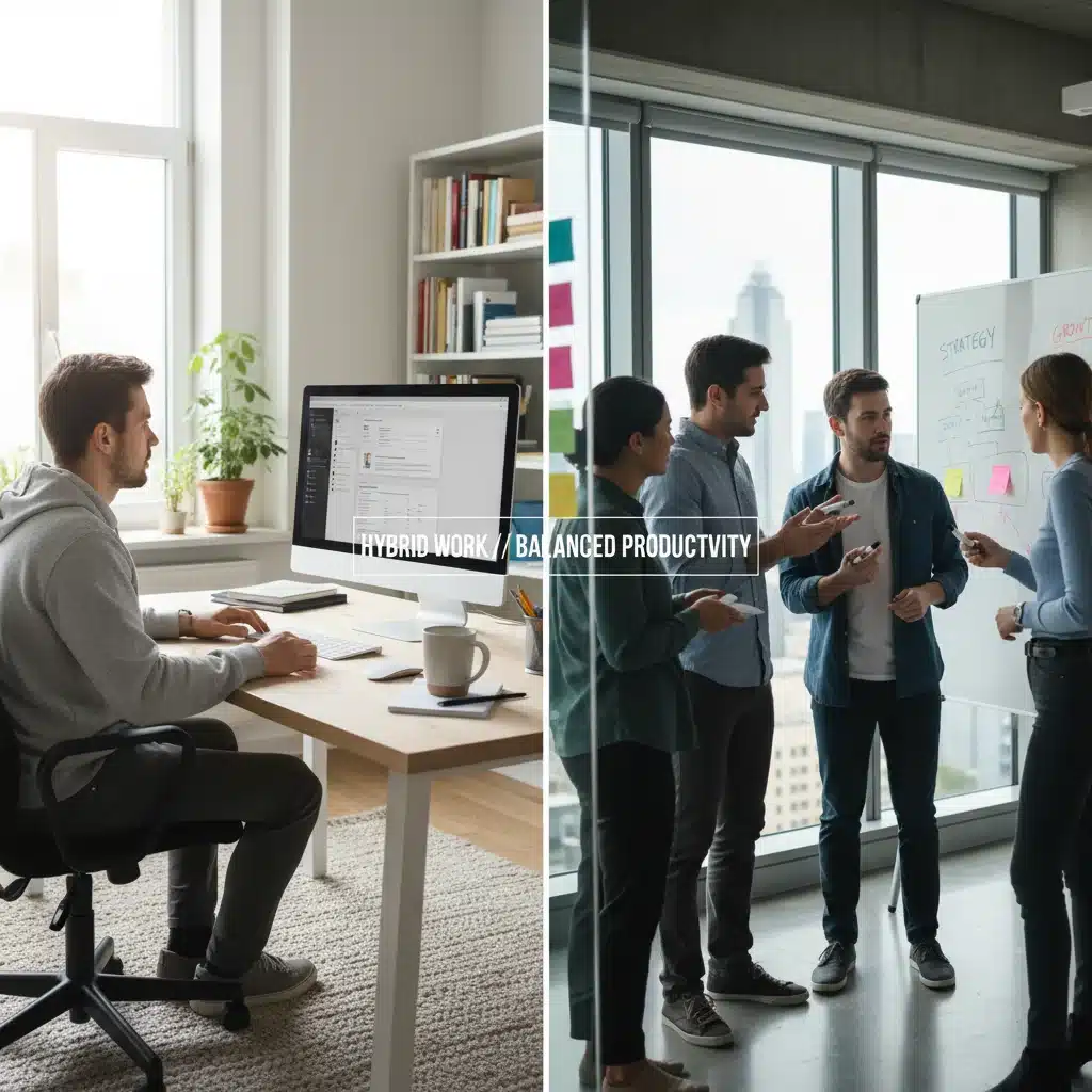 Employee working remotely and a team collaborating in an office, illustrating hybrid productivity.