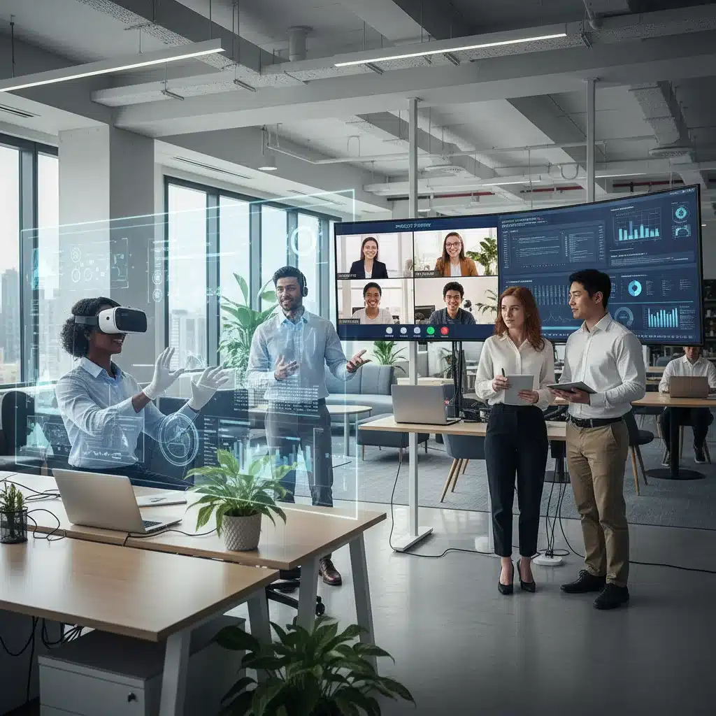 Employees applying skills learned from corporate training platforms in a dynamic hybrid work setting, showcasing practical application and collaboration.
