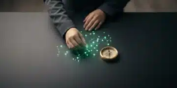 Blueprint for Breakthrough: Real-World Cases of Growth Resources Driving Industry Success A person's hands strategically placing glowing emerald-green data nodes on a dark surface next to a brass compass, symbolizing data-driven insights and market leadership.
