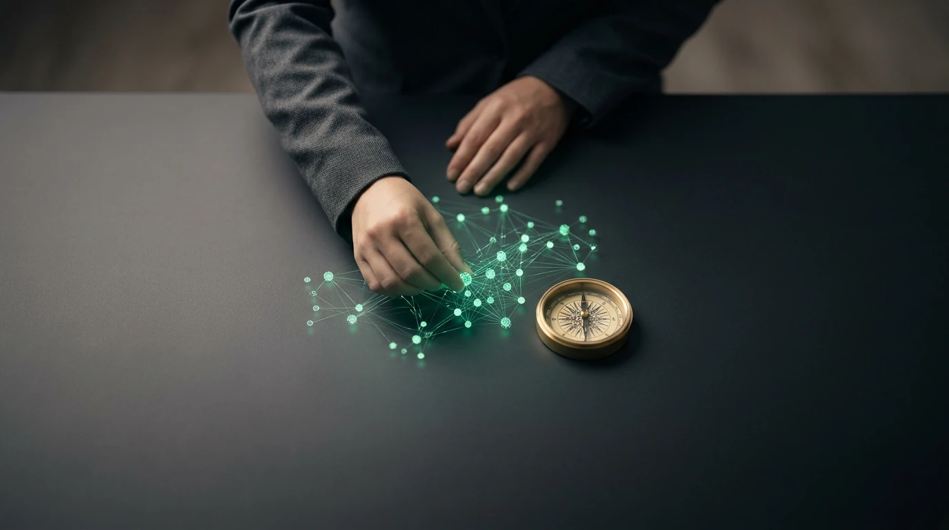 A person's hands strategically placing glowing emerald-green data nodes on a dark surface next to a brass compass, symbolizing data-driven insights and market leadership.
