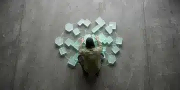 Horizon Scanning: Anticipating Tomorrow's Growth Resources and Market Trajectories A person viewed from above, arranging glowing geometric blocks on a concrete surface, symbolizing the strategic adaptation to changing macro trends and economic shifts for future growth.