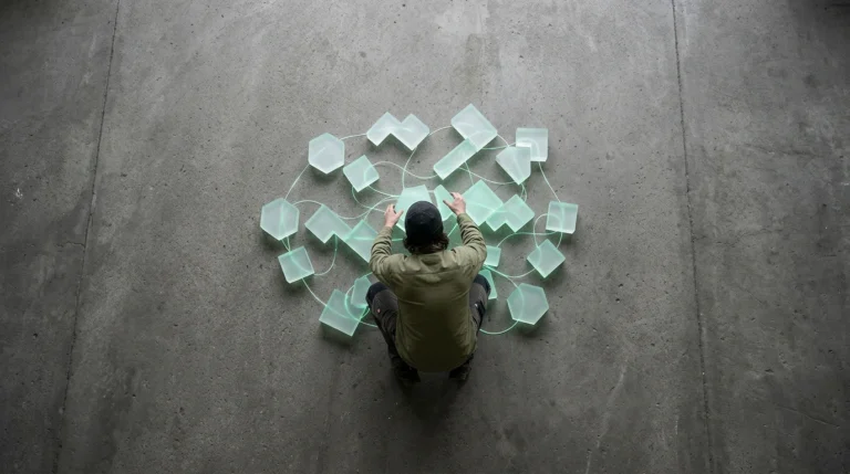 A person viewed from above, arranging glowing geometric blocks on a concrete surface, symbolizing the strategic adaptation to changing macro trends and economic shifts for future growth.