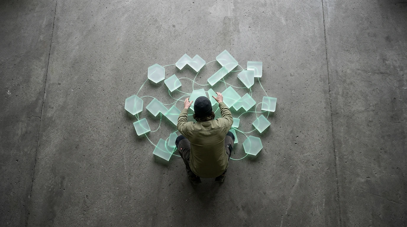 A person viewed from above, arranging glowing geometric blocks on a concrete surface, symbolizing the strategic adaptation to changing macro trends and economic shifts for future growth.