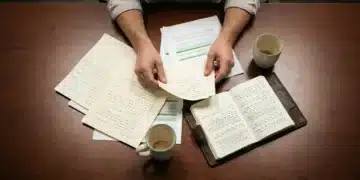 Unveiling the Undercurrents: Hidden Dynamics of Growth Resources and Market Trends Overhead view of a person's hands sifting through a collection of internal business documents, handwritten notes, and a worn journal on a dark wood table, highlighting overlooked assets for growth.